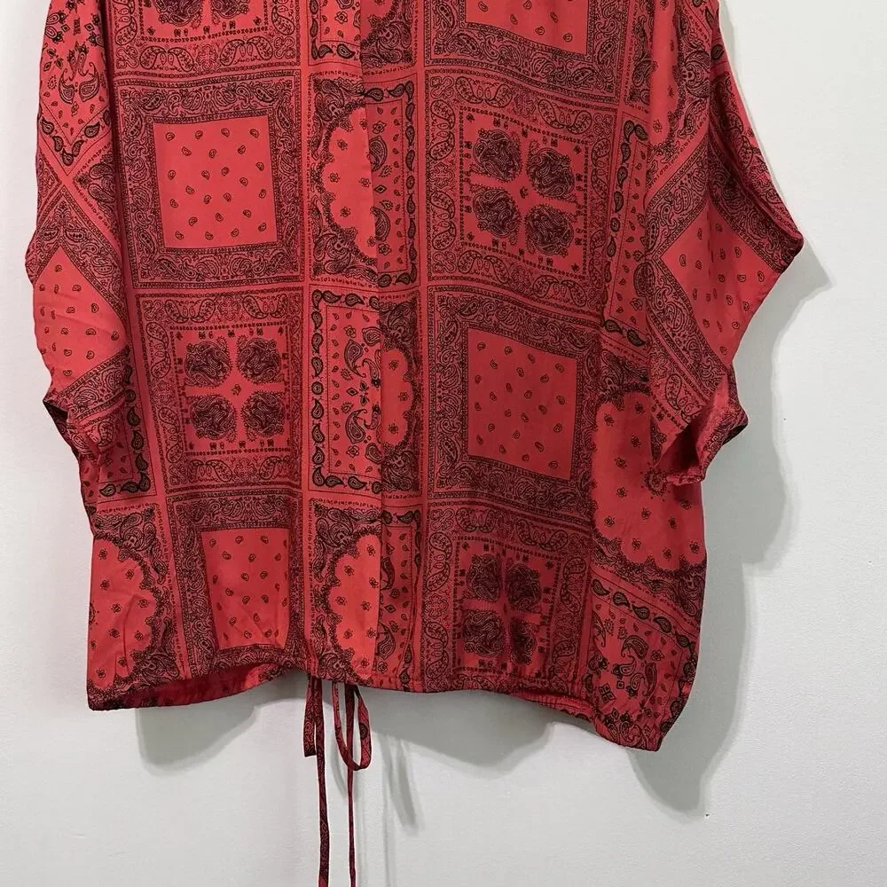 Ashley Stewart Top Plus 1X Popover V Neck Short Sleeve Red Bandana Shirt NEW - Picture 8 of 9